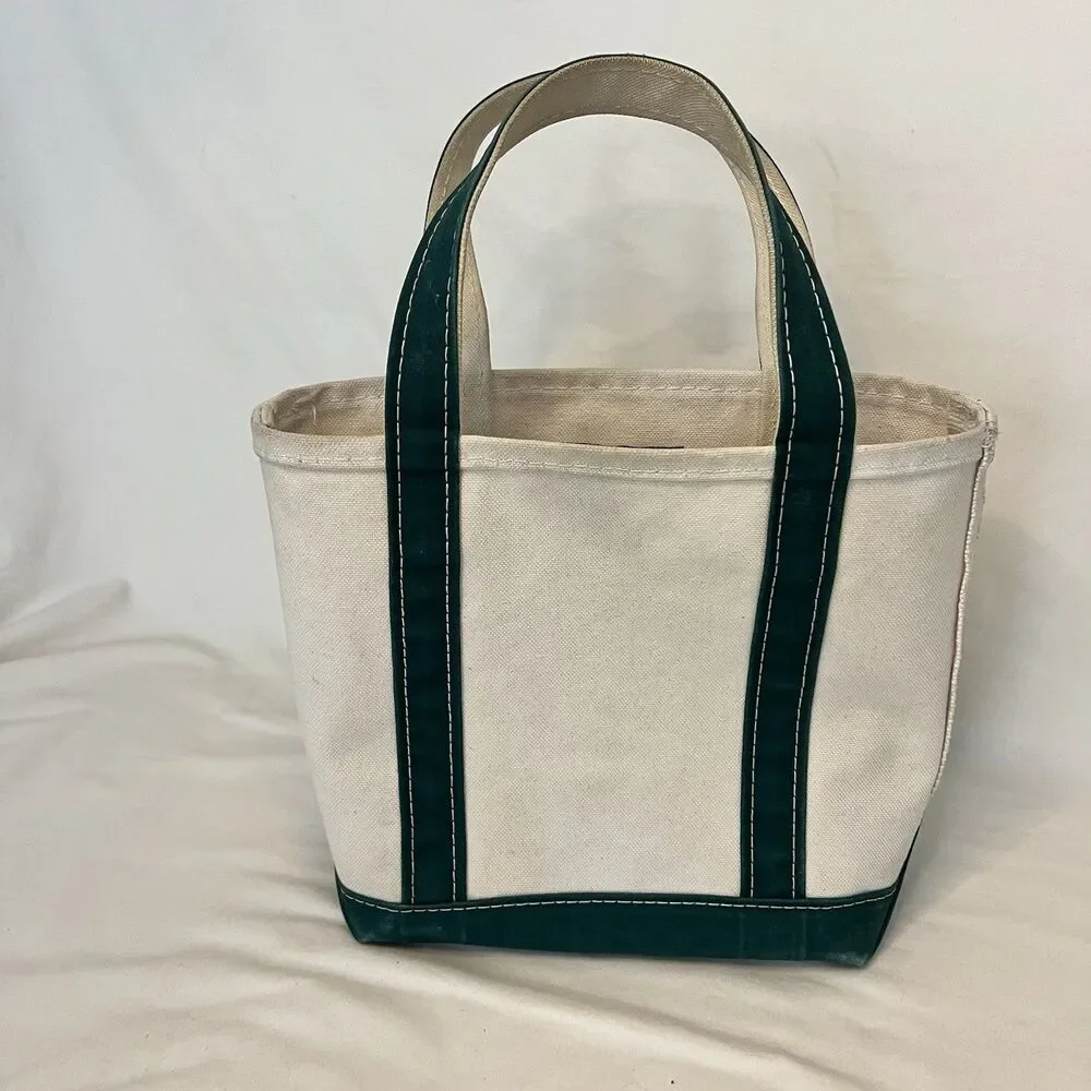 Vintage 90s LL Bean Boat And Tote Small Cream Canvas With Green Handles